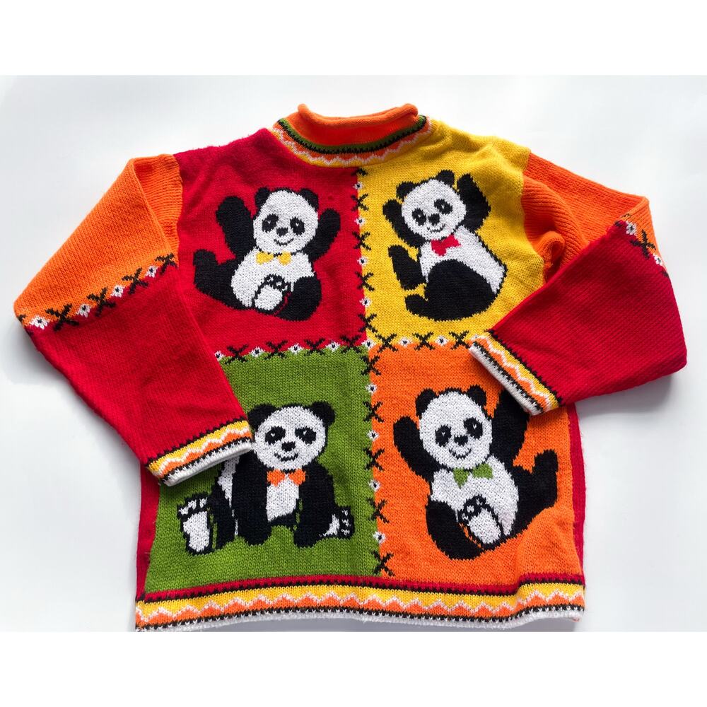 Vintage Basic Editions Color Block Panda Bear Roll Neck Sweater Size 7/8